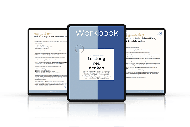 Tablet mit dem Workbook "Leistung neu denken" für Karrieremütter (Mock-up)